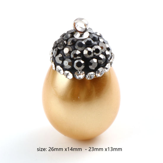 Picture of Natural Shell Micro Pave Charms Drop Champagne Clear Rhinestone Imitation Pearl 26mm x 14mm, 1 Piece