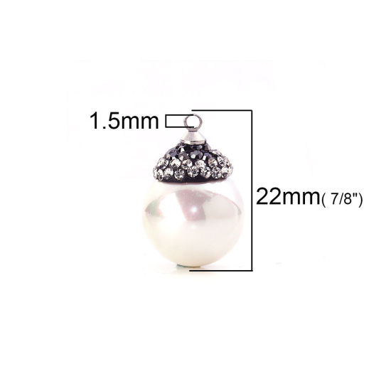 Picture of Natural Shell Micro Pave Charms White Ball Dark Gray Clear Rhinestone Imitation Pearl 22mm( 7/8") x 15mm( 5/8"), 1 Piece