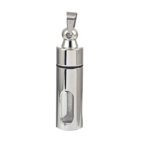 316L Stainless Steel & Glass Cremation Ash Urn Pendants Cylinder Silver Tone Hollow 55mm(2 1/8") x 13mm( 4/8"), 1 Piece”