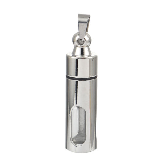 Picture of 316L Stainless Steel & Glass Cremation Ash Urn Pendants Cylinder Silver Tone Hollow 55mm(2 1/8") x 13mm( 4/8"), 1 Piece” 