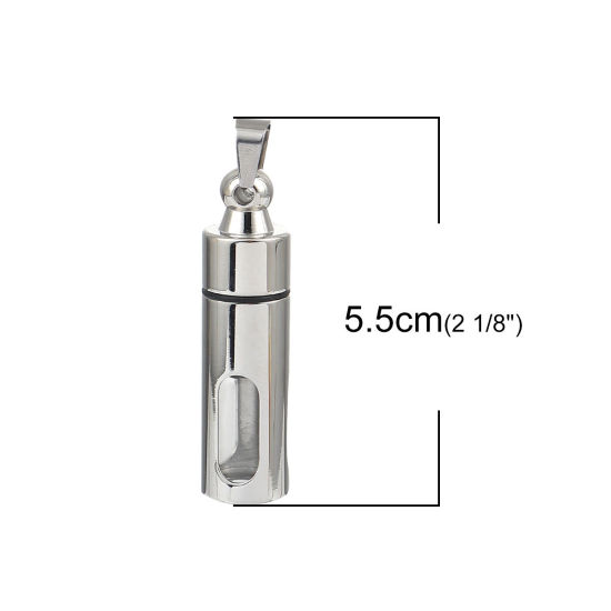 316L ステンレス+ガラス 火葬灰皿シリーズ ペンダント 円筒形 シルバートーン 透かし 55mm x 13mm、 1 個”  の画像