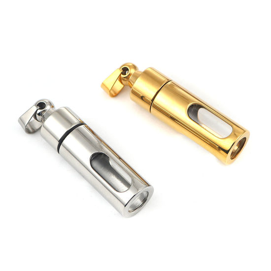 316L ステンレス+ガラス 火葬灰皿シリーズ ペンダント 円筒形 シルバートーン 透かし 55mm x 13mm、 1 個”  の画像