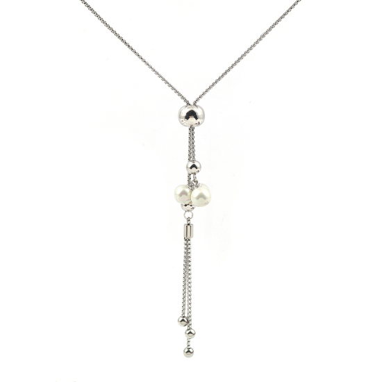 Imagen de 304 Acero Inoxidable Ajustable Slider/ Slide Collar Jersey/Suéter Cadena larga Tono de Plata Blanco Panícula Ronda Imitación de perla 73cm longitud, 1 Unidad