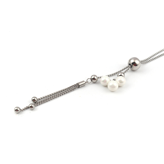 Imagen de 304 Acero Inoxidable Ajustable Slider/ Slide Collar Jersey/Suéter Cadena larga Tono de Plata Blanco Panícula Ronda Imitación de perla 73cm longitud, 1 Unidad