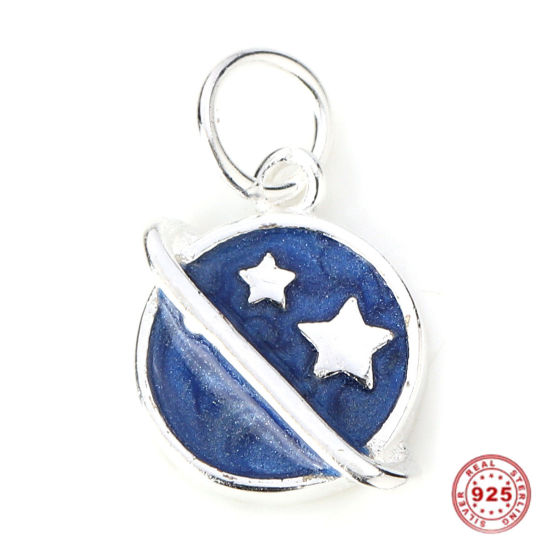 Picture of Sterling Silver Charms Silver Planet Pentagram Star Blue Enamel 14mm( 4/8") x 8mm( 3/8"), 1 Piece