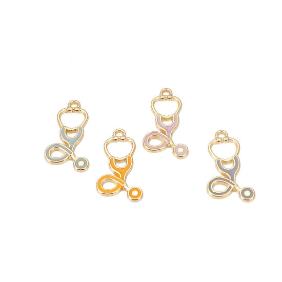 Picture of Zinc Based Alloy Charms Stethoscope Gold Plated Orange Enamel 27mm(1 1/8") x 15mm( 5/8"), 10 PCs
