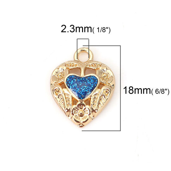 Picture of Zinc Based Alloy Charms Heart Gold Plated Deep Blue Glitter Enamel 18mm( 6/8") x 14mm( 4/8"), 10 PCs