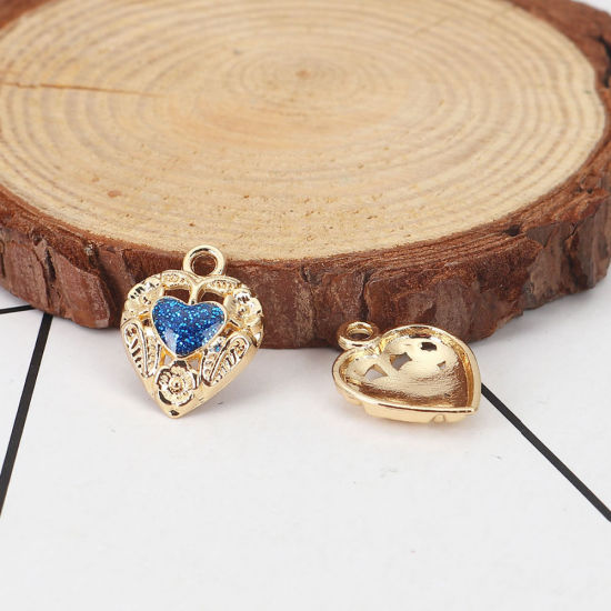 Picture of Zinc Based Alloy Charms Heart Gold Plated Deep Blue Glitter Enamel 18mm( 6/8") x 14mm( 4/8"), 10 PCs