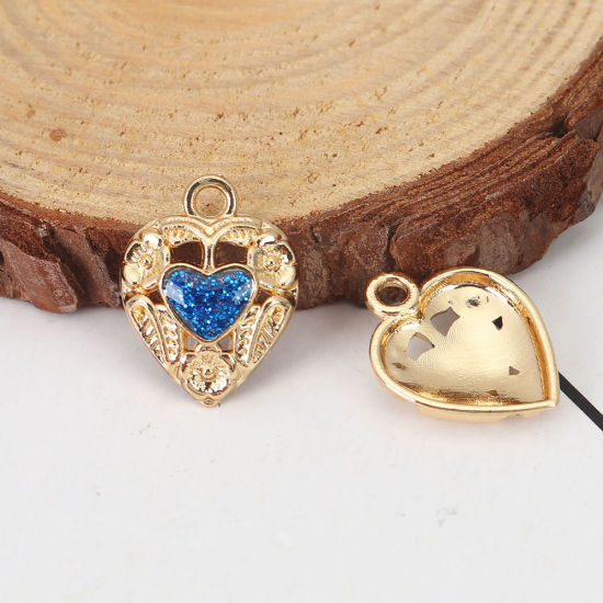 Picture of Zinc Based Alloy Charms Heart Gold Plated Deep Blue Glitter Enamel 18mm( 6/8") x 14mm( 4/8"), 10 PCs