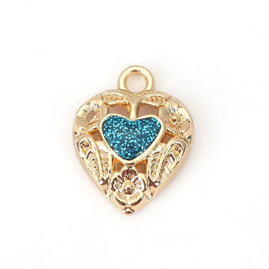 Picture of Zinc Based Alloy Charms Heart Gold Plated Blue Glitter Enamel 18mm( 6/8") x 14mm( 4/8"), 10 PCs
