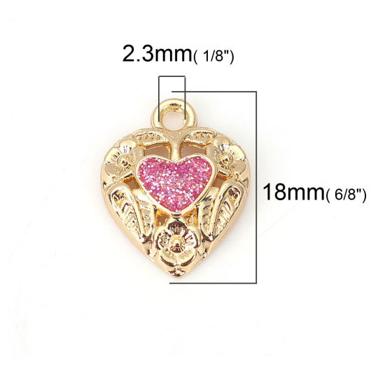 Picture of Zinc Based Alloy Charms Heart Gold Plated Fuchsia Glitter Enamel 18mm( 6/8") x 14mm( 4/8"), 10 PCs