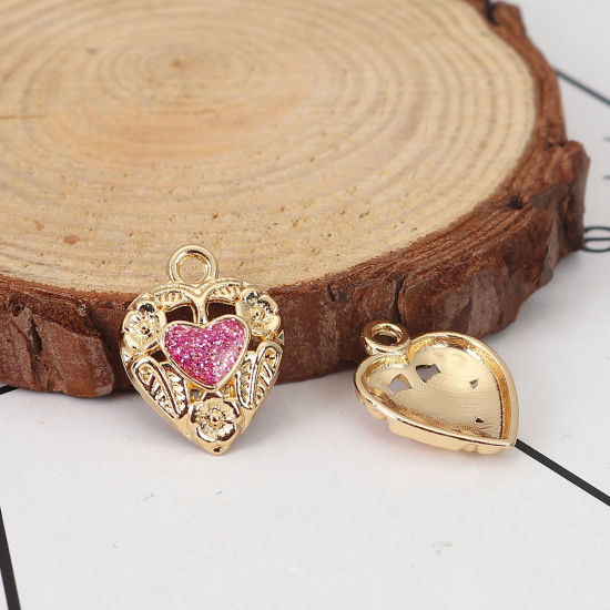 Picture of Zinc Based Alloy Charms Heart Gold Plated Fuchsia Glitter Enamel 18mm( 6/8") x 14mm( 4/8"), 10 PCs
