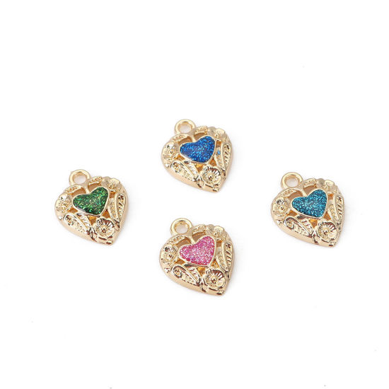 Picture of Zinc Based Alloy Charms Heart Gold Plated Fuchsia Glitter Enamel 18mm( 6/8") x 14mm( 4/8"), 10 PCs