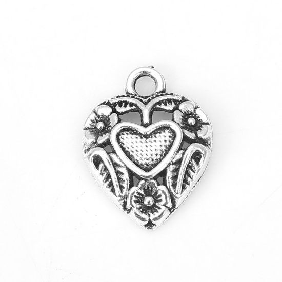 Picture of Zinc Based Alloy Charms Heart Antique Silver Color Flower 18mm( 6/8") x 14mm( 4/8"), 50 PCs