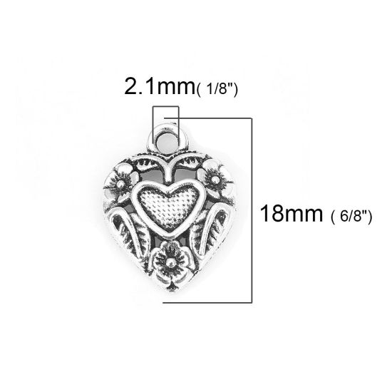 Picture of Zinc Based Alloy Charms Heart Antique Silver Color Flower 18mm( 6/8") x 14mm( 4/8"), 50 PCs