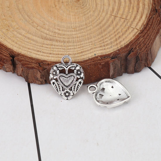 Picture of Zinc Based Alloy Charms Heart Antique Silver Color Flower 18mm( 6/8") x 14mm( 4/8"), 50 PCs