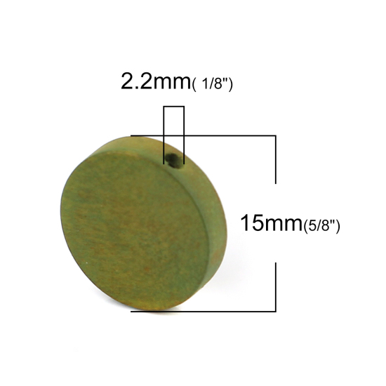 Image de Perles en Bois Naturel Plat-Rond Vert Armée 15mm Dia, Trou: env. 2.2mm, 100 Pcs