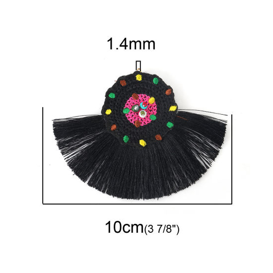 Picture of Glass & Cotton Seed Beads Pendants Multicolor Black Tassel 10cm(3 7/8") x 7.8cm(3 1/8"), 2 PCs