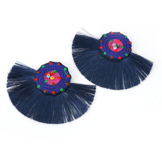 Picture of Glass & Cotton Seed Beads Tassel Deep Blue Multicolor Tassel 10cm(3 7/8") x 7.8cm(3 1/8"), 2 PCs
