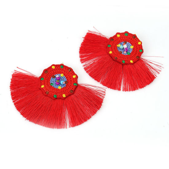 Picture of Glass & Cotton Seed Beads Pendants Multicolor Red Tassel 10cm(3 7/8") x 7.8cm(3 1/8"), 2 PCs