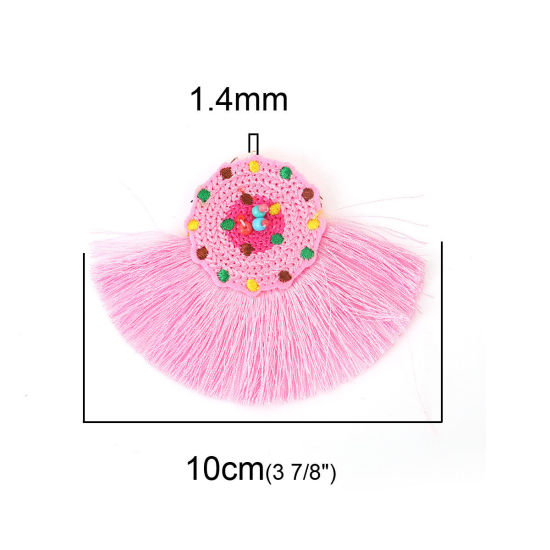 Picture of Glass & Cotton Seed Beads Pendants Multicolor Pink Tassel 10cm(3 7/8") x 7.8cm(3 1/8"), 2 PCs