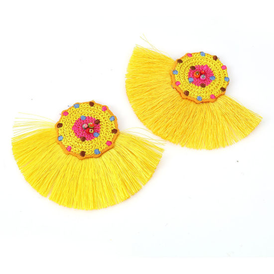 Picture of Glass & Cotton Seed Beads Pendants Multicolor Yellow Tassel 10cm(3 7/8") x 7.8cm(3 1/8"), 2 PCs