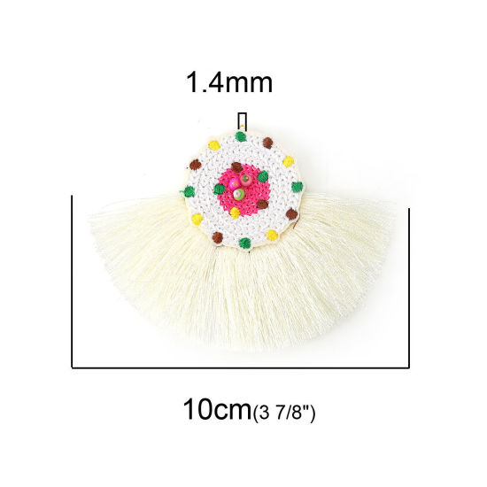 Picture of Glass & Cotton Seed Beads Pendants Multicolor White Tassel 10cm(3 7/8") x 7.8cm(3 1/8"), 2 PCs