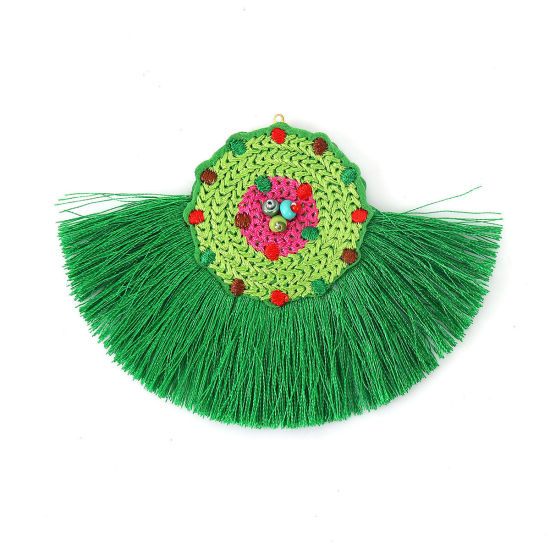 Picture of Glass & Cotton Seed Beads Pendants Multicolor Green Tassel 10cm(3 7/8") x 7.8cm(3 1/8"), 2 PCs