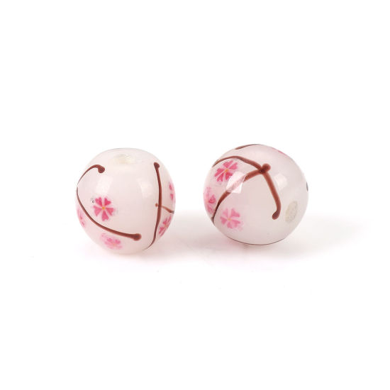 Picture of Lampwork Glass Japanese Style Beads Round White Sakura Flower About 12mm x 11mm, Hole: Approx 2.7mm, 2 PCs