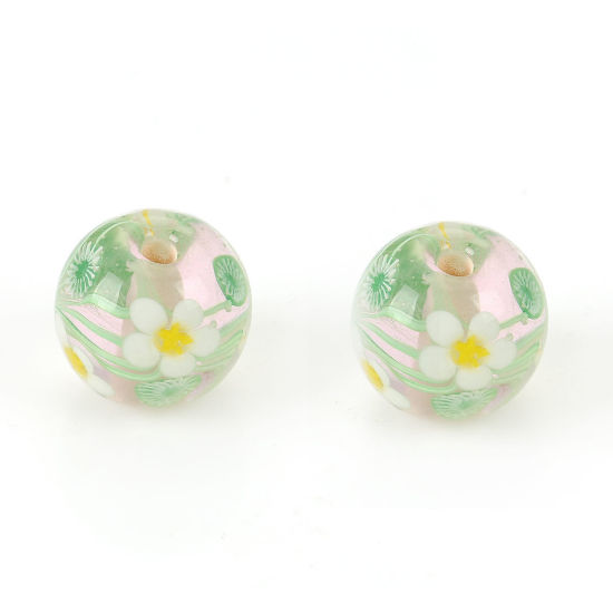 Image de Perles en Verre Style Japonais Rond Transparent Feuilles de Fleur 16mm x 16mm, Trou: 3mm, 1 Pièce