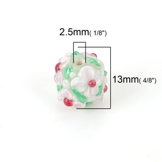 Image de Perles en Verre Floral Enfermé Rond Rose Clair Feuilles de Fleur 13mm x 13mm, Trou: 2.5mm, 1 Pièce