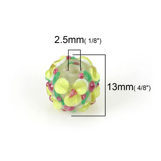 Picture of Lampwork Glass Encased Floral Beads Round Yellow Flower Leaves About 13mm x 13mm, Hole: Approx 2.5mm, 1 Piece