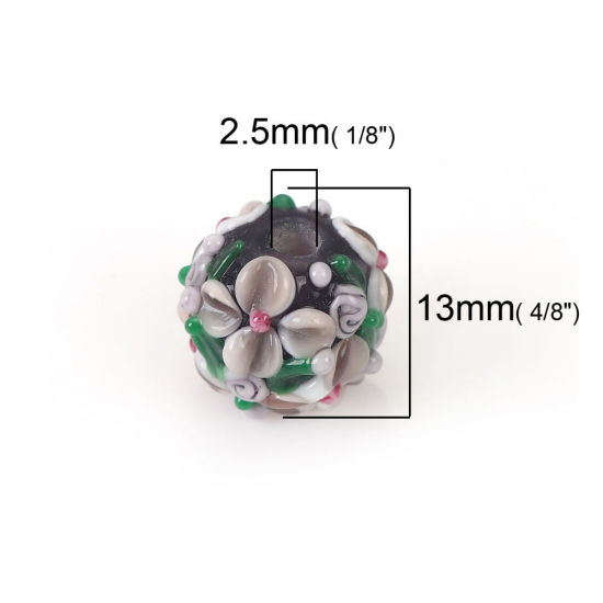 Picture of Lampwork Glass Encased Floral Beads Round Grass Green Flower Leaves About 13mm x 13mm, Hole: Approx 2.5mm, 1 Piece