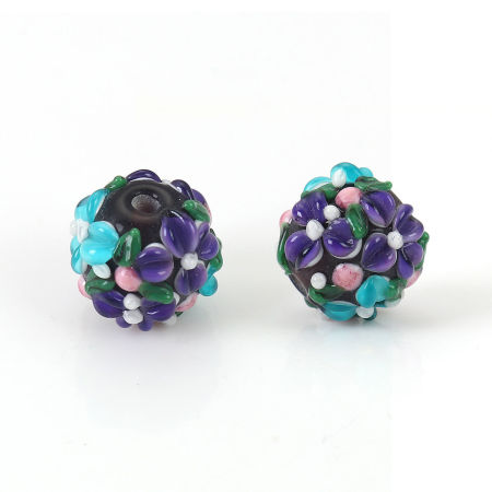 Picture of Lampwork Glass Encased Floral Beads Round Flower Leaves