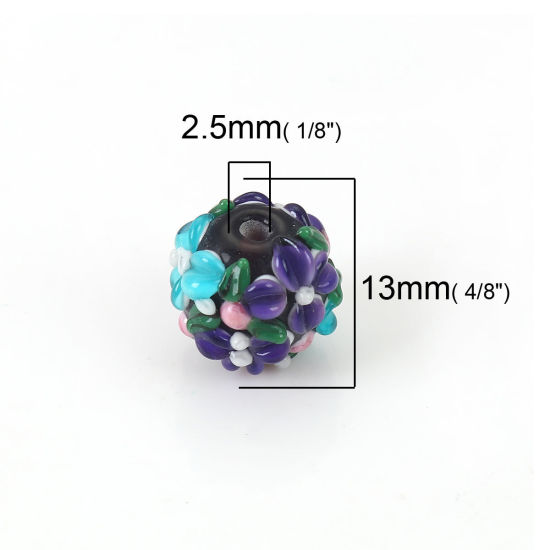 Picture of Lampwork Glass Encased Floral Beads Round Purple Flower Leaves About 13mm x 13mm, Hole: Approx 2.5mm, 1 Piece