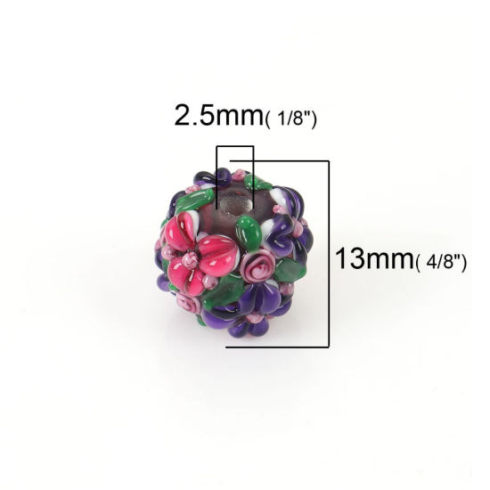 Picture of Lampwork Glass Encased Floral Beads Round Blue Flower Leaves About 13mm x 13mm, Hole: Approx 2.5mm, 1 Piece