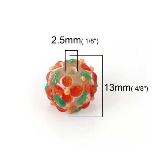 Image de Perles en Verre Floral Enfermé Rond Rose Feuilles de Fleur 13mm x 13mm, Trou: 2.5mm, 1 Pièce