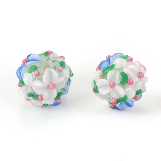 Picture of Lampwork Glass Encased Floral Beads Round White & Blue Flower Leaves About 13mm x 13mm, Hole: Approx 2.5mm, 1 Piece