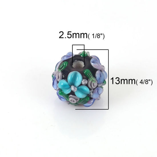 Picture of Lampwork Glass Encased Floral Beads Round White & Blue Flower Leaves About 13mm x 13mm, Hole: Approx 2.5mm, 1 Piece