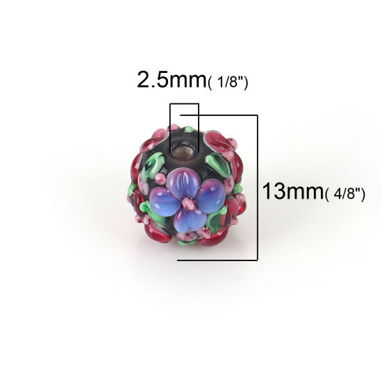 Изображение Бусины Лэмпворк, Обложка цветочного Круглые, Фиолетовый с узором “ Цветок Листья ” 13мм(Размер США 1,75) x 13мм, 2.5мм, 1 ШТ