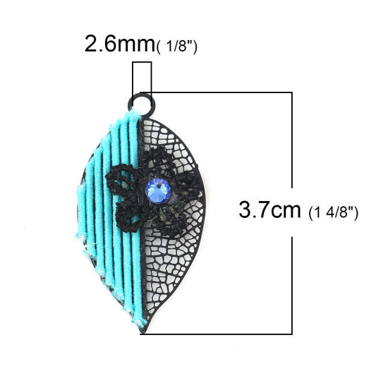 Imagen de Latón Colgantes Negro Azul Claro Hoja Flor Filigrana Estampación Azul Rhinestone 37mm x 19mm, 2 Pares