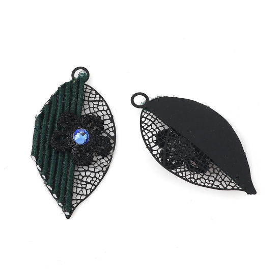 Imagen de Latón Colgantes Negro Verde Oscuro Hoja Flor Filigrana Estampación Azul Rhinestone 37mm x 19mm, 2 Pares