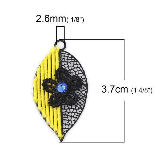 Imagen de Latón Colgantes Negro Amarillo Hoja Flor Filigrana Estampación Azul Rhinestone 37mm x 19mm, 2 Pares
