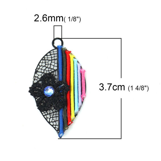 Imagen de Latón Colgantes Negro Multicolor Hoja Flor Filigrana Estampación Azul Rhinestone 37mm x 19mm, 2 Pares
