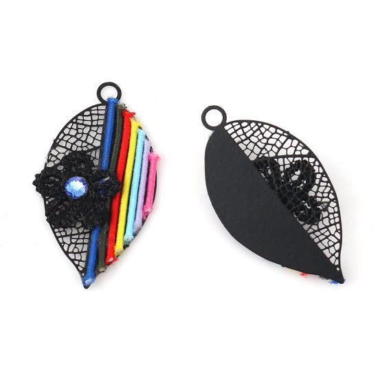 Imagen de Latón Colgantes Negro Multicolor Hoja Flor Filigrana Estampación Azul Rhinestone 37mm x 19mm, 2 Pares