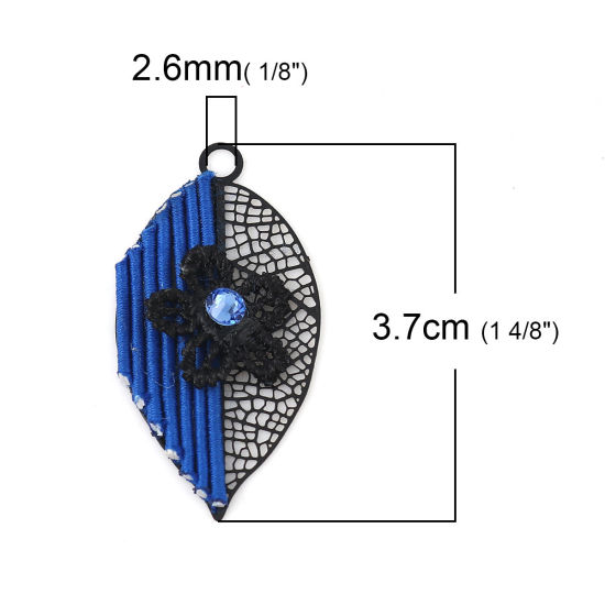 Imagen de Latón Colgantes Negro Azul Marino Hoja Flor Filigrana Estampación Azul Rhinestone 37mm x 19mm, 2 Pares