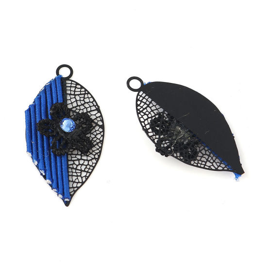 Imagen de Latón Colgantes Negro Azul Marino Hoja Flor Filigrana Estampación Azul Rhinestone 37mm x 19mm, 2 Pares
