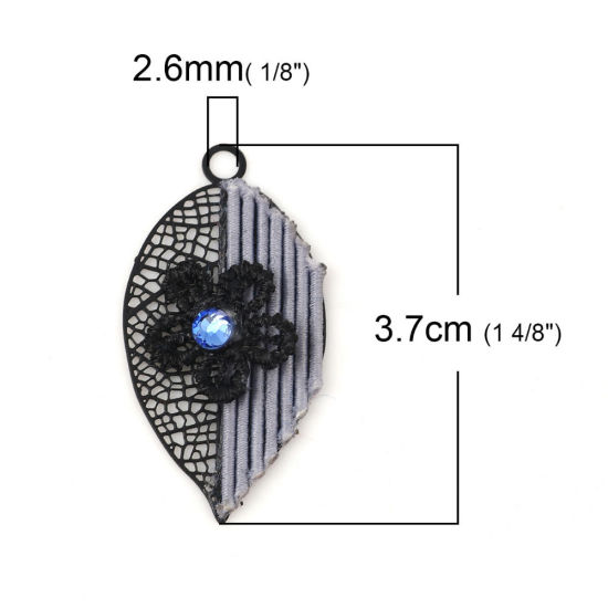 Imagen de Latón Colgantes Negro Azul Marino Hoja Flor Filigrana Estampación Azul Rhinestone 37mm x 19mm, 2 Pares