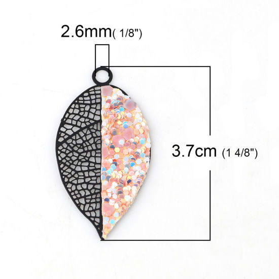 Picture of Brass Pendants Black Orange Pink Leaf Filigree Stamping 37mm x 19mm, 2 Pairs                                                                                                                                                                                  