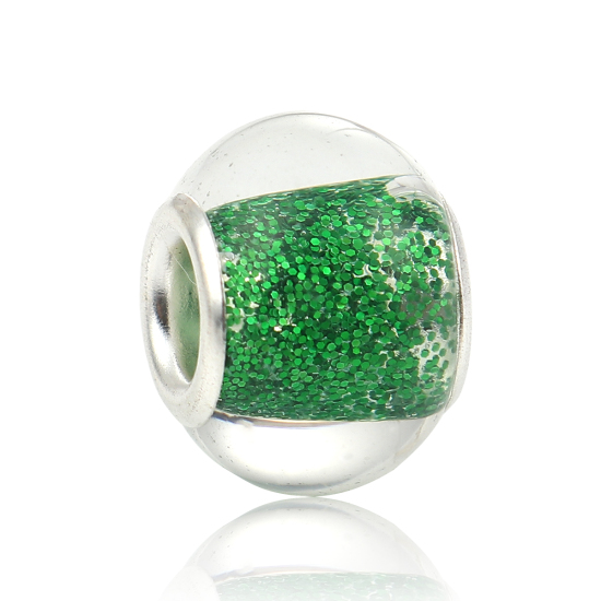 Image de Perles à Gros Trou au Style Européen en Alliage de zinc+Verre Rond Argenté Vert Brillant Paillettes Env. 14mm Dia, Trou: 4.8mm, 20 Pcs